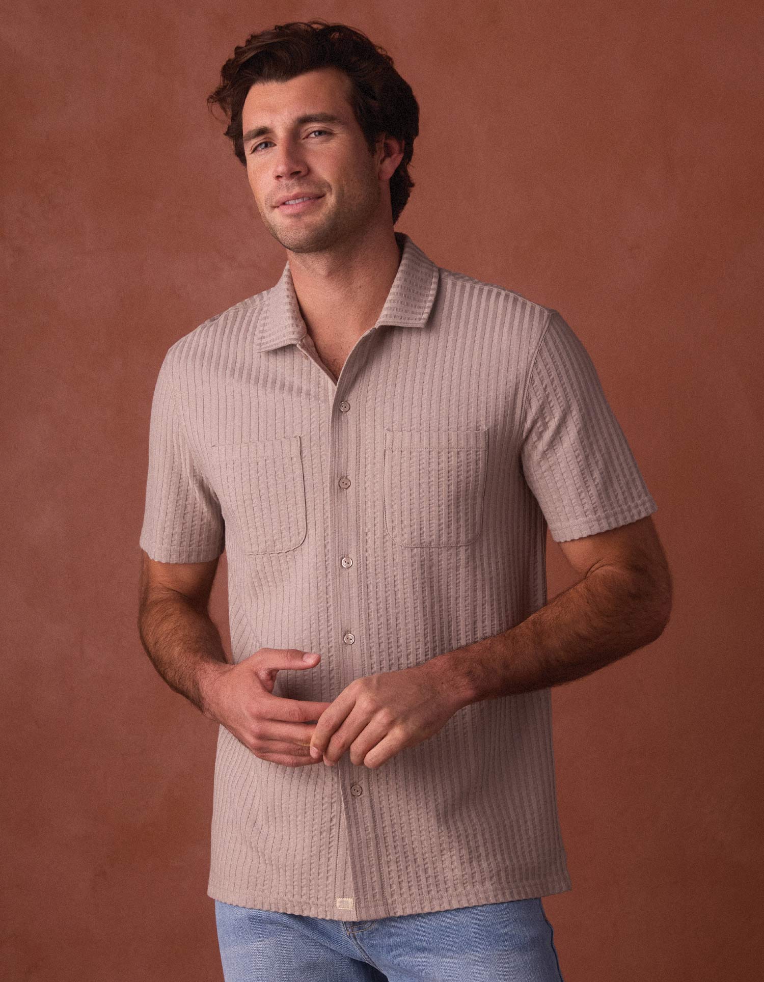 Knit Getaway Button Up in Taupe - Image 3