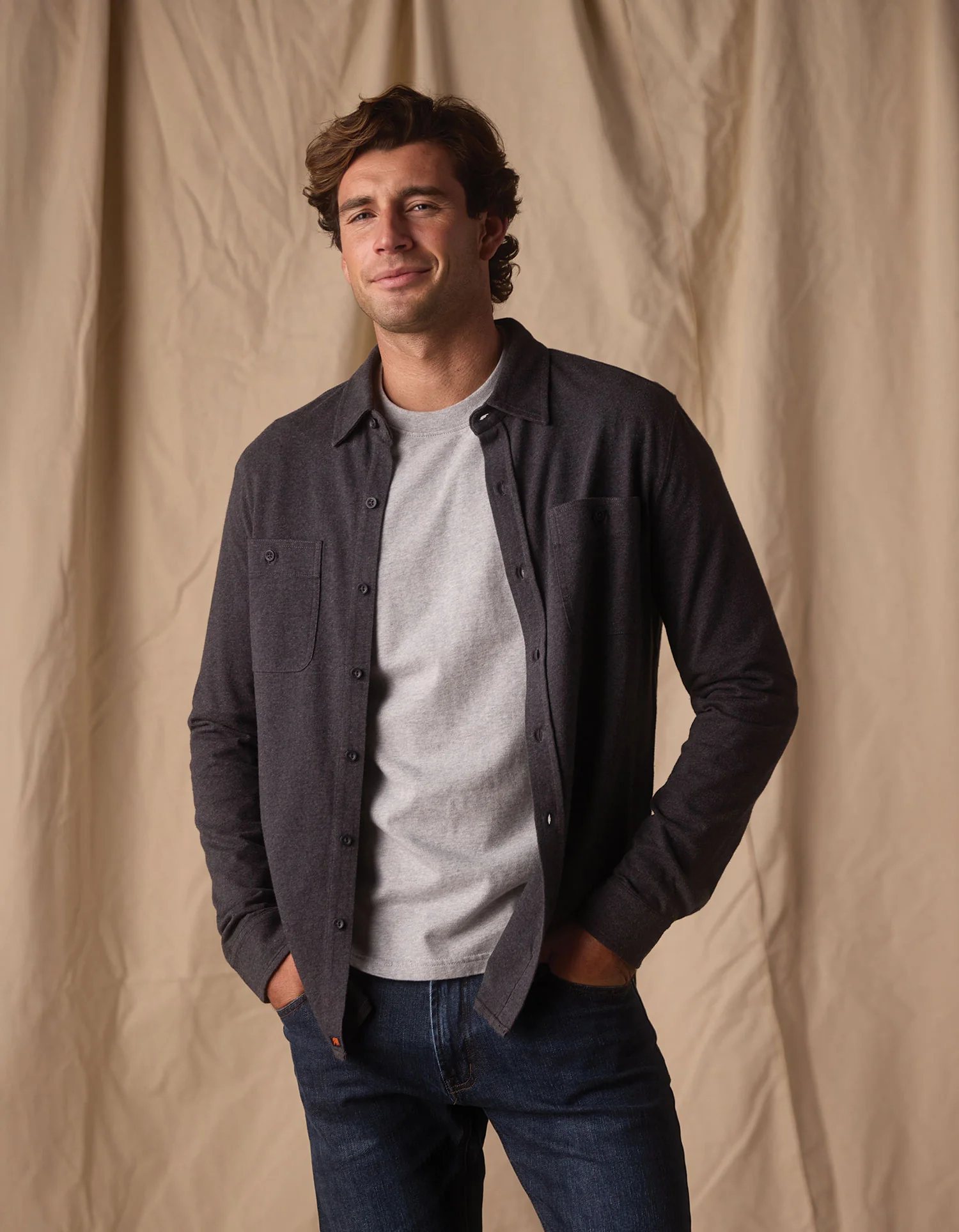 Lennox Jersey Button Up in Heather Charcoal - Image 3