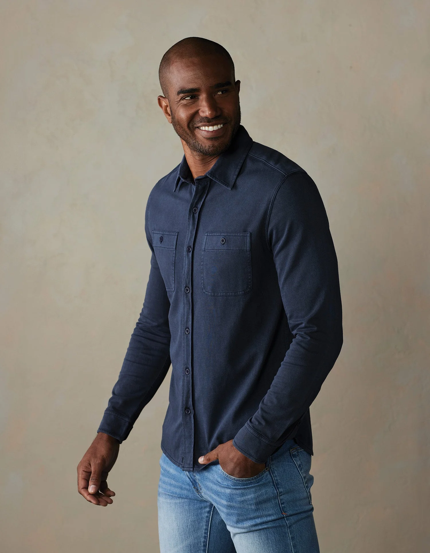 Lennox Jersey Button Up in Navy - Image 3