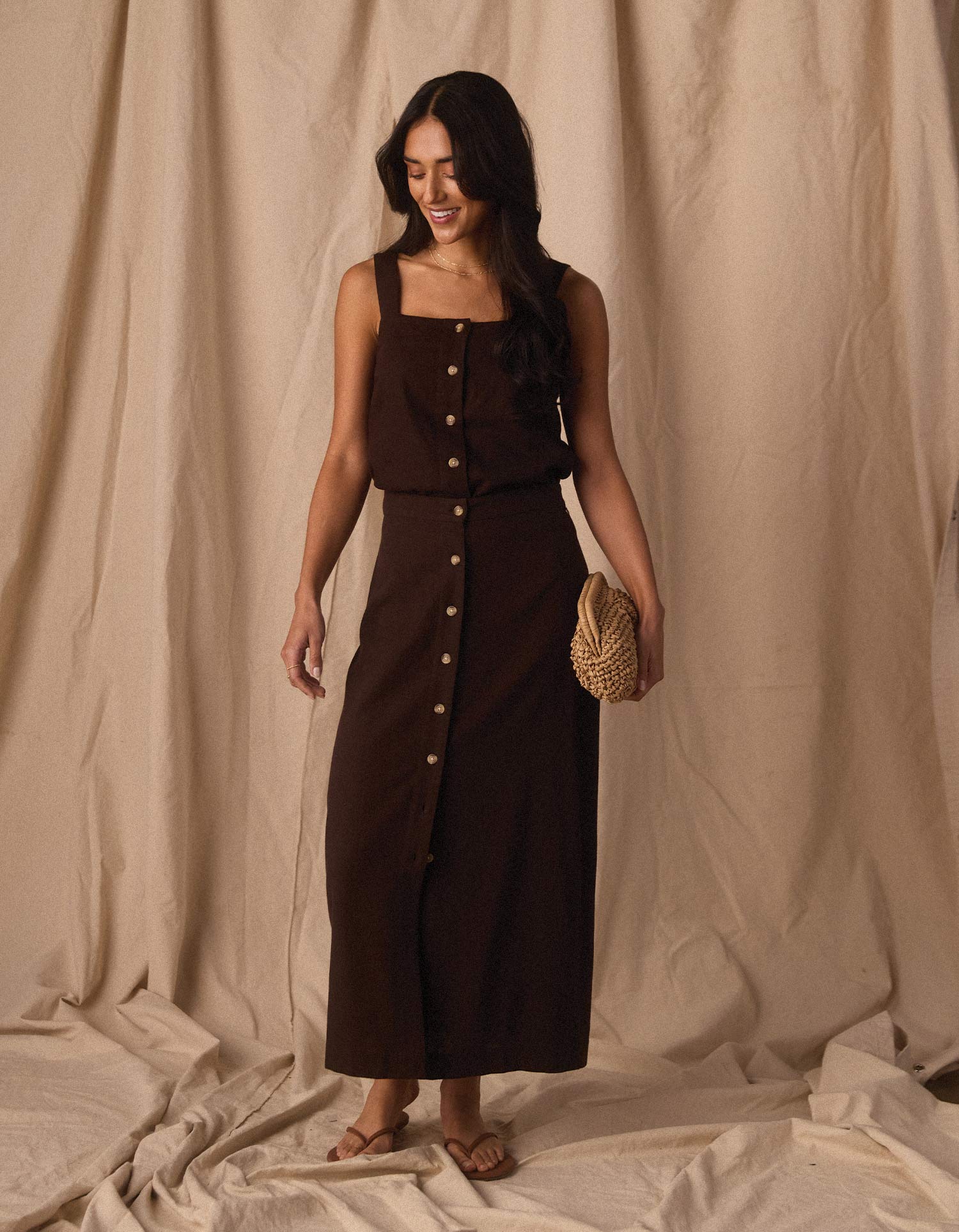 Leukos Linen-Blend Button Front Skirt in Umber - Image 5