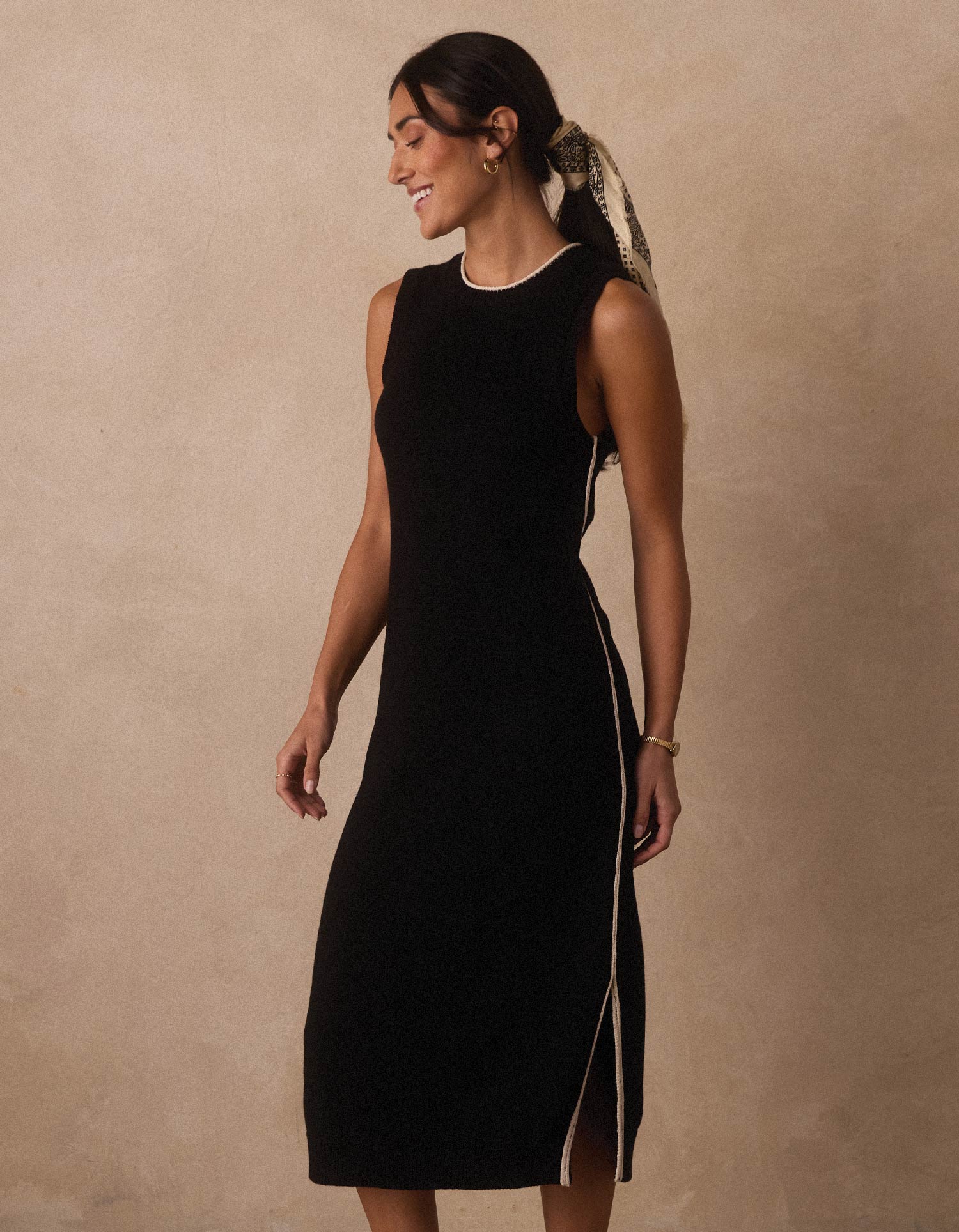 Lucia Knit Midi Dress in Black/Cream - Image 2