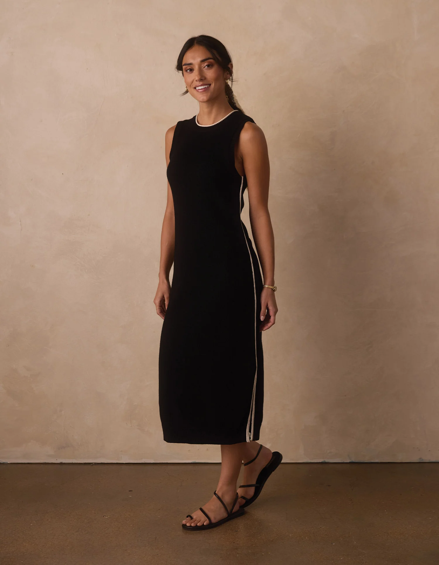 Lucia Knit Midi Dress in Black/Cream - Image 3