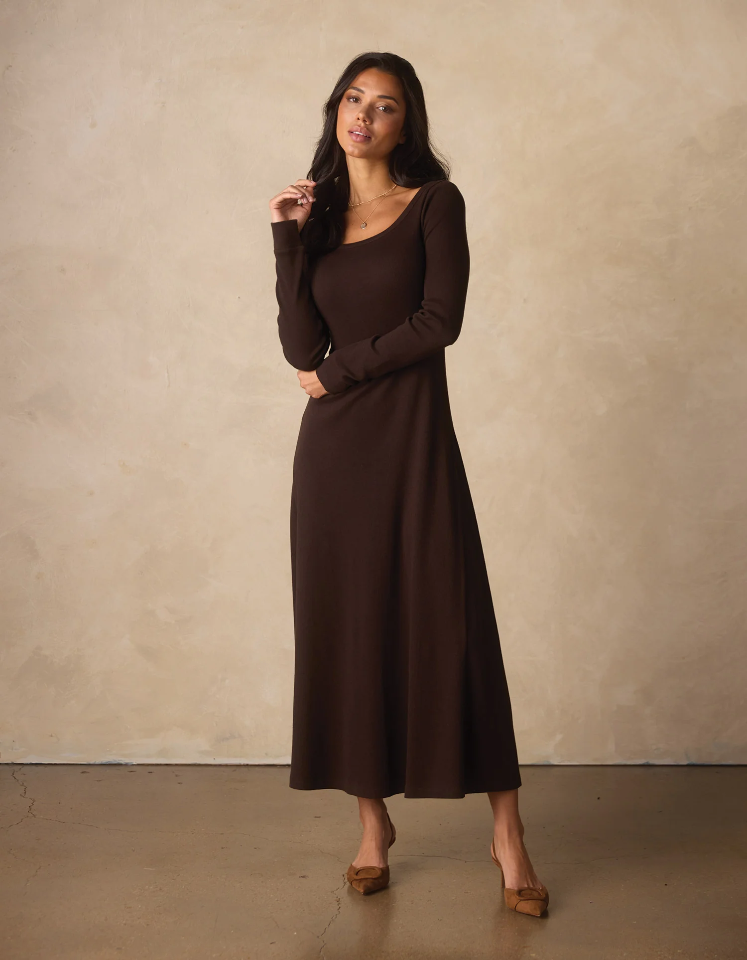 Normal Rib Long Sleeve Dress in Dark Brown - Image 3