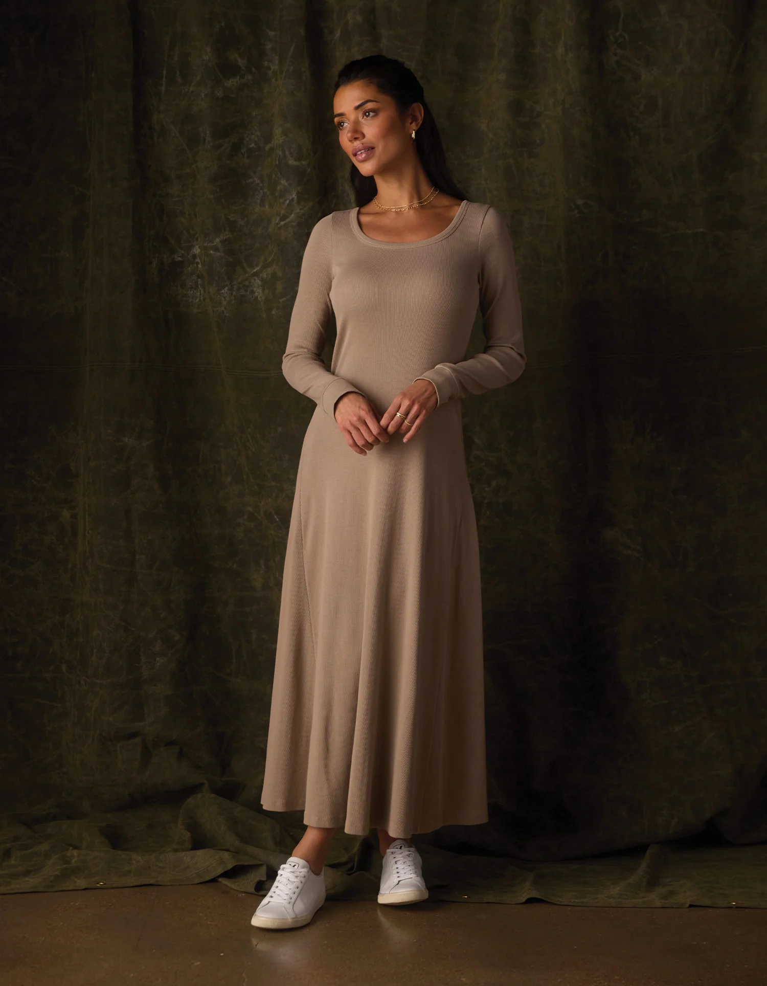 Normal Rib Long Sleeve Dress in Fawn - Image 2
