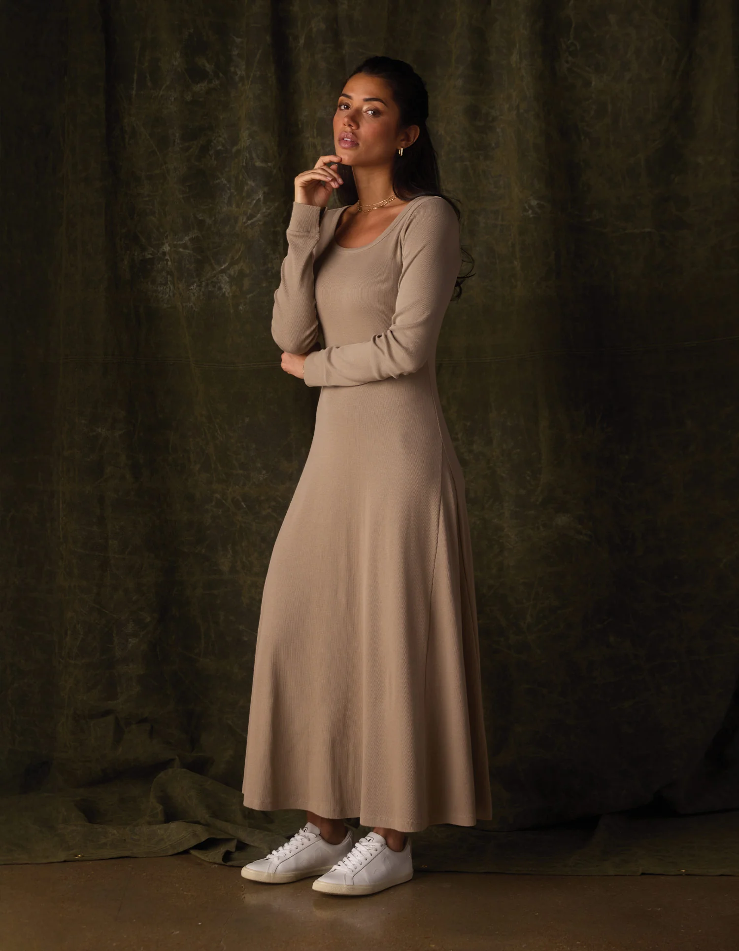 Normal Rib Long Sleeve Dress in Fawn - Image 4