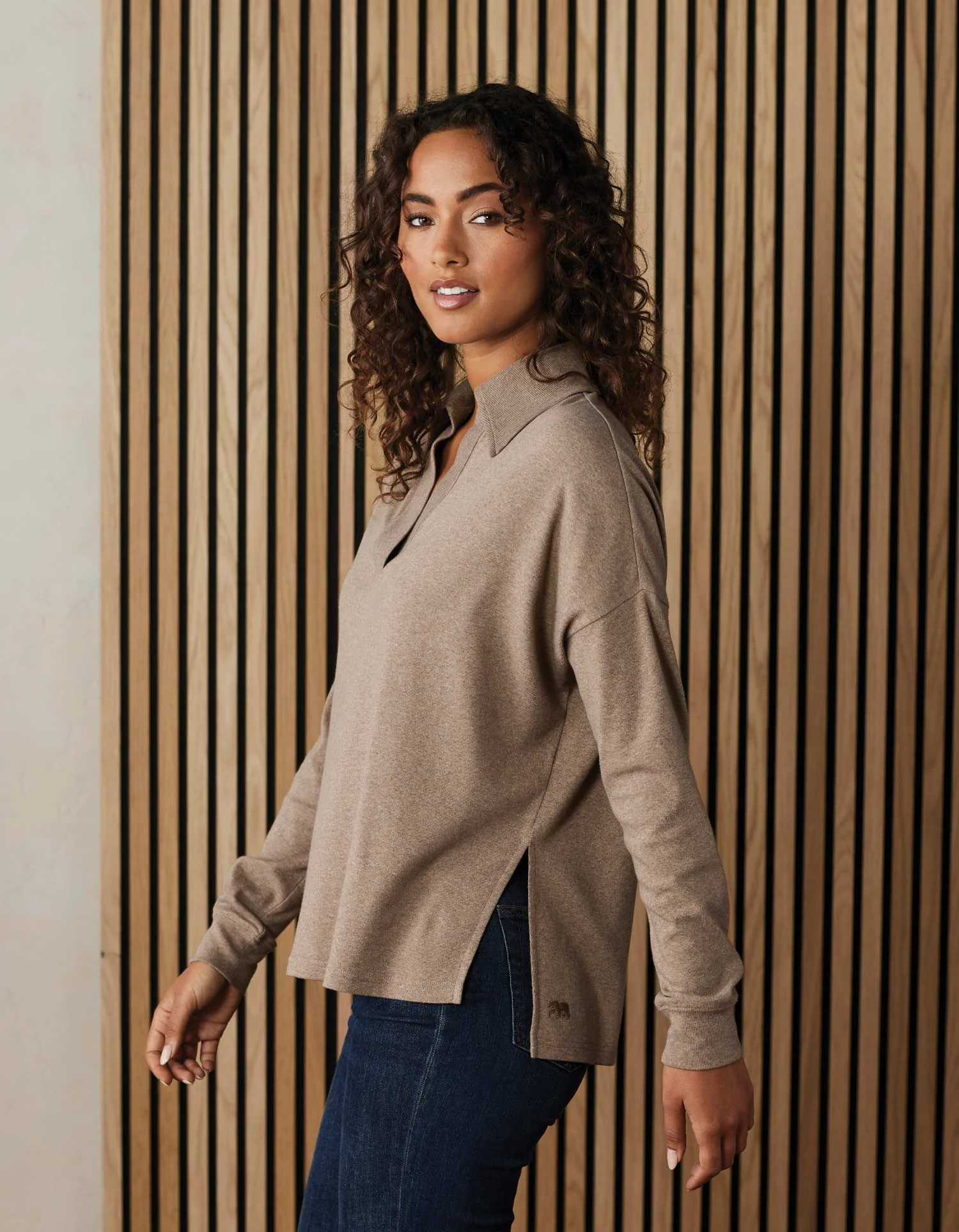 Puremeso Split Side Polo Top in Taupe - Image 3