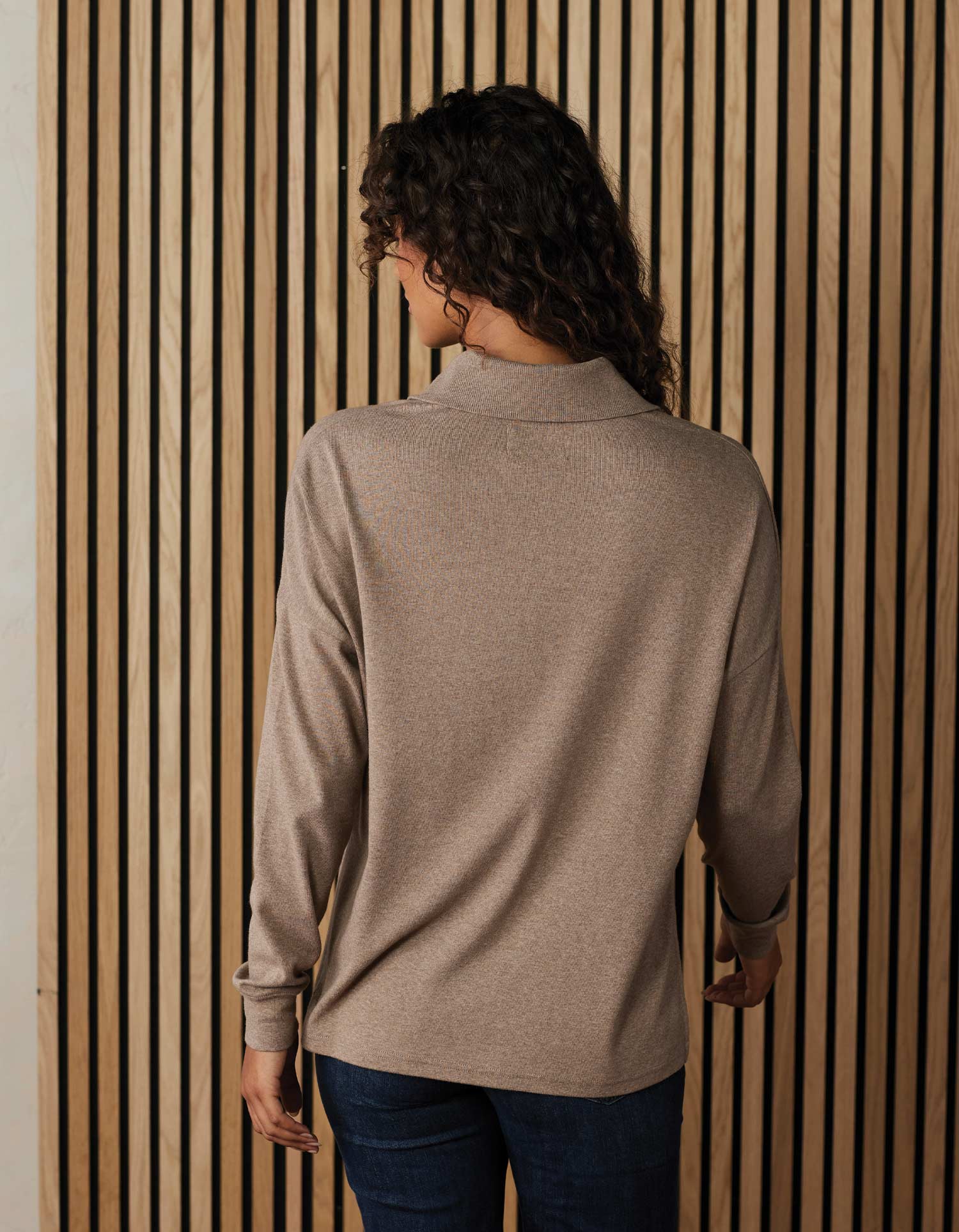 Puremeso Split Side Polo Top in Taupe - Image 4