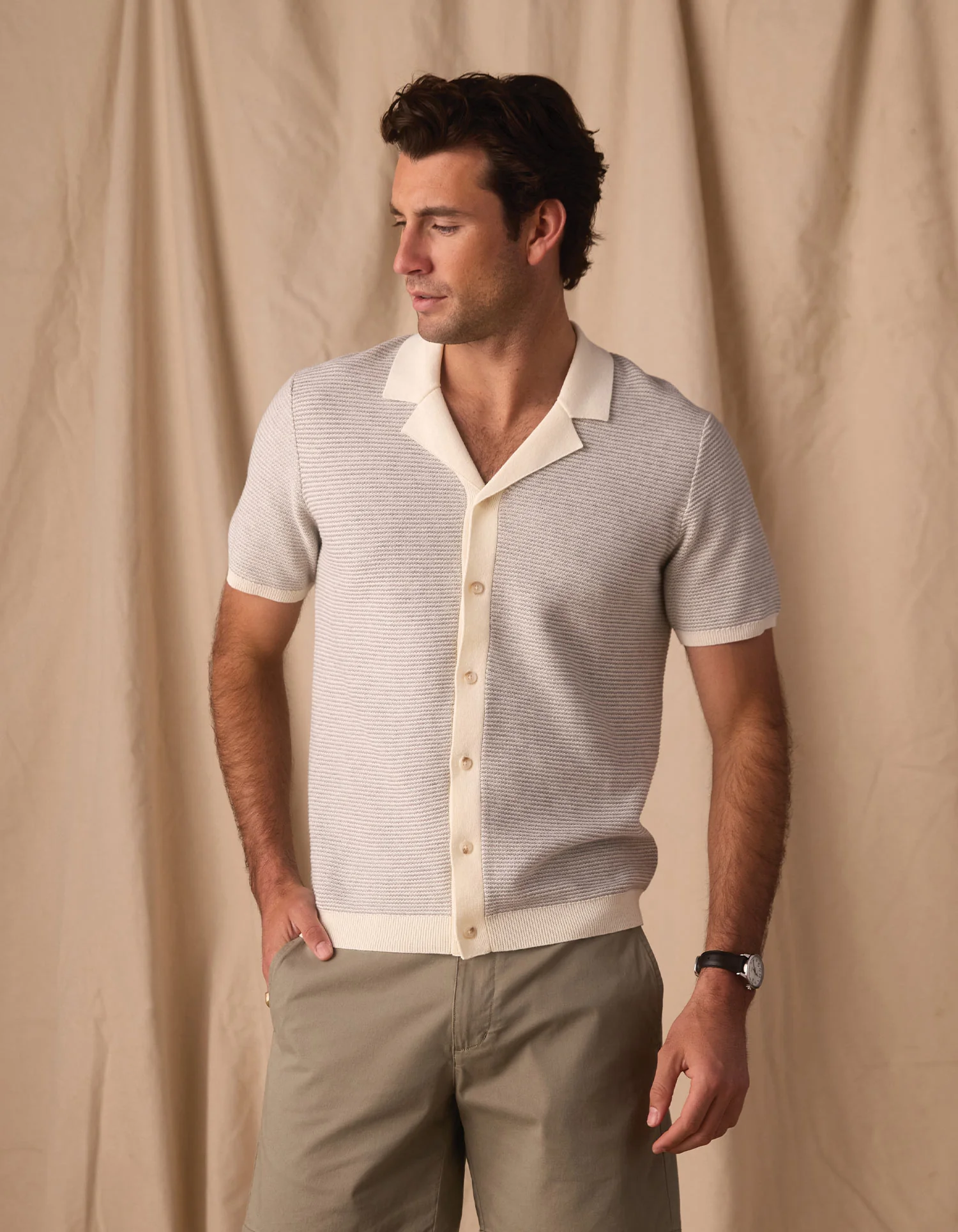 Robles Birdseye Knit Camp Button Up in Cream/Grey - Image 4