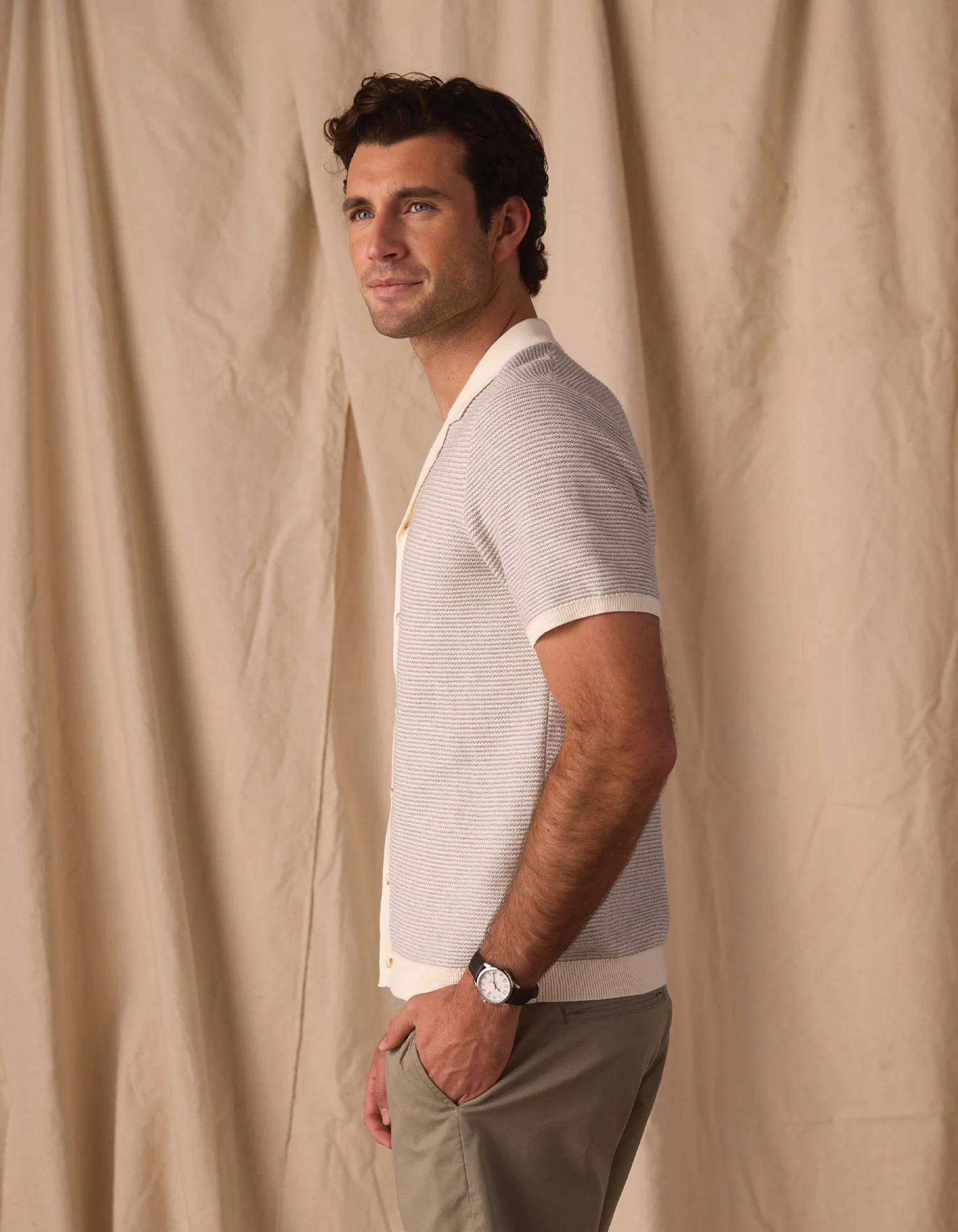 Robles Birdseye Knit Camp Button Up in Cream/Grey - Image 5