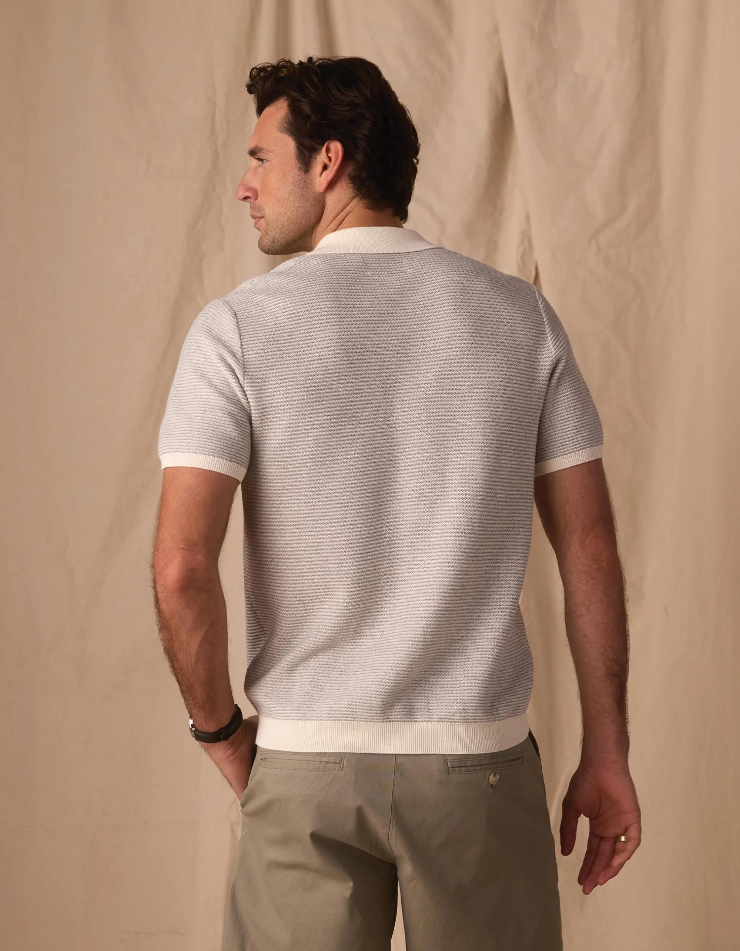 Robles Birdseye Knit Camp Button Up in Cream/Grey - Image 6