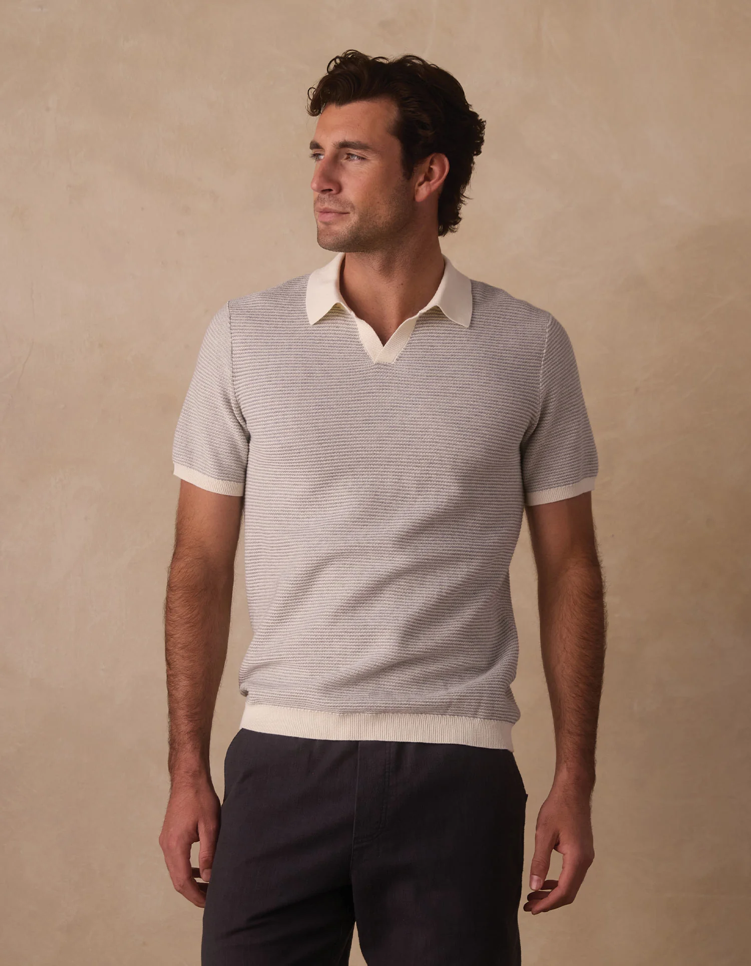 Robles Birdseye Knit Polo in Cream/Grey - Image 5