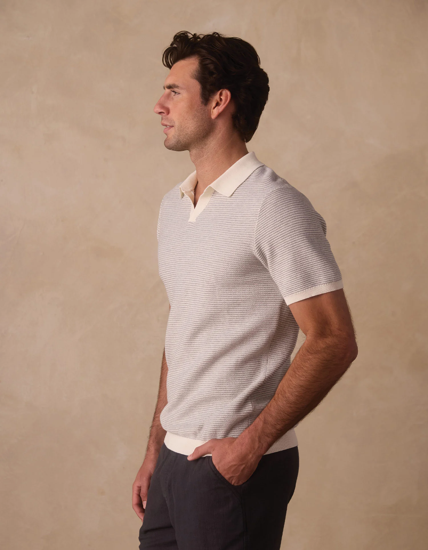 Robles Birdseye Knit Polo in Cream/Grey - Image 6