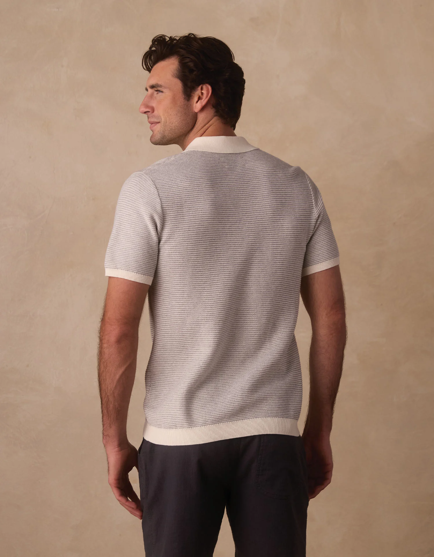 Robles Birdseye Knit Polo in Cream/Grey - Image 8