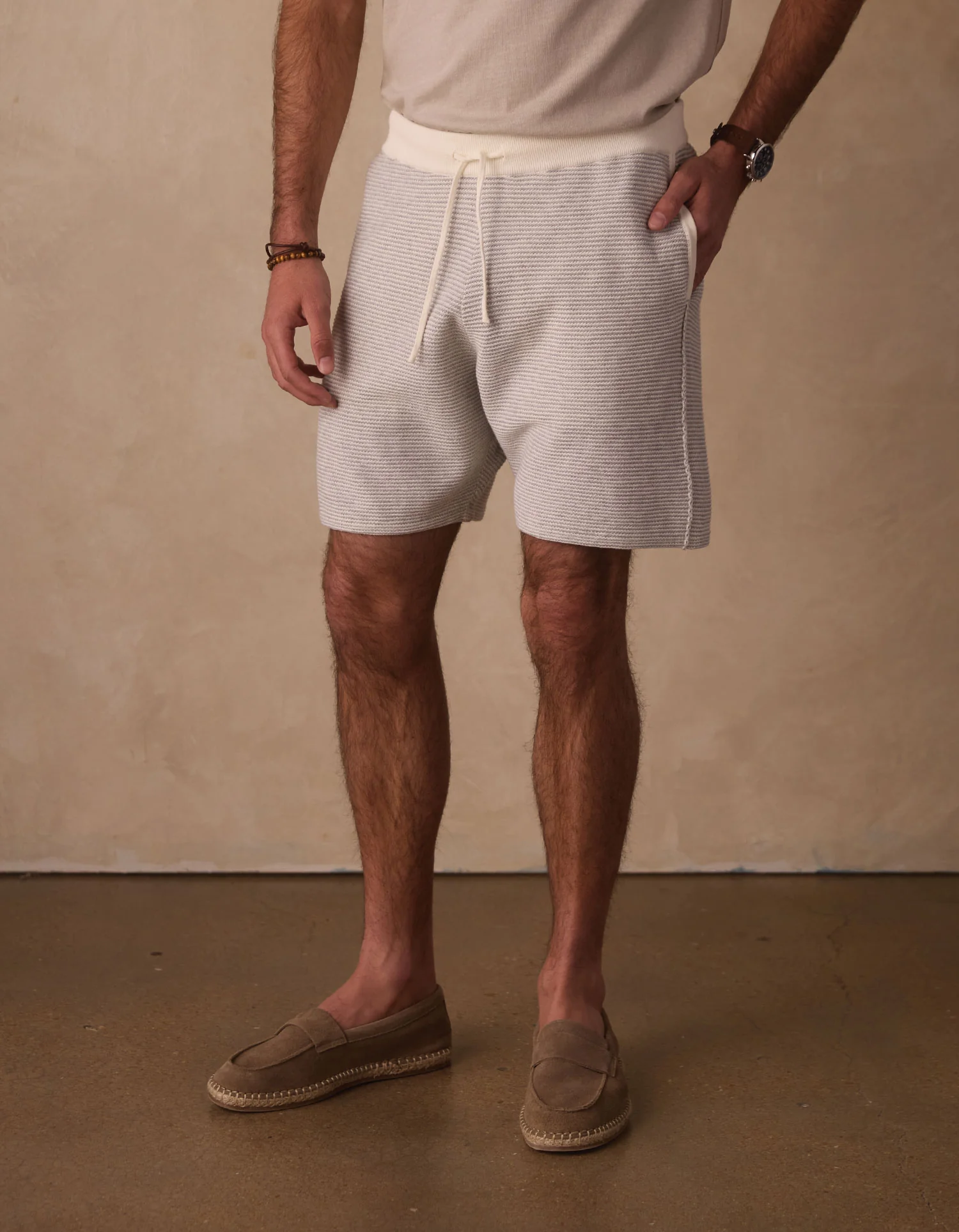 Robles Birdseye Knit Short in Cream/Grey - Image 3