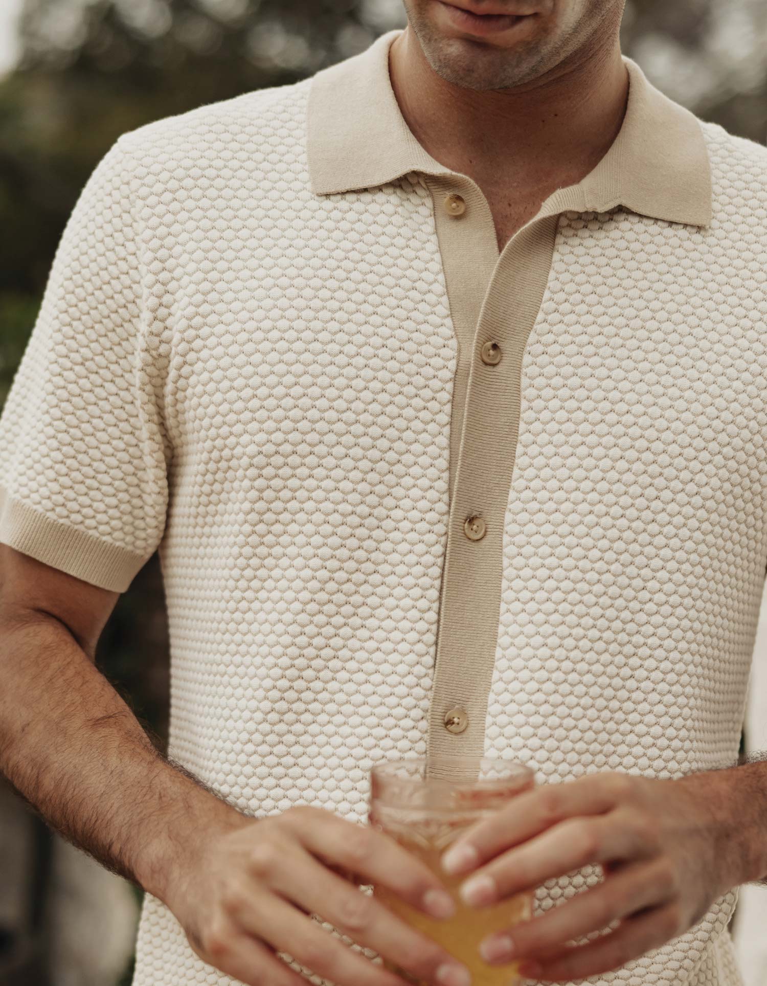 Robles Knit Jacquard Button Up in Ivory/Khaki - Image 3