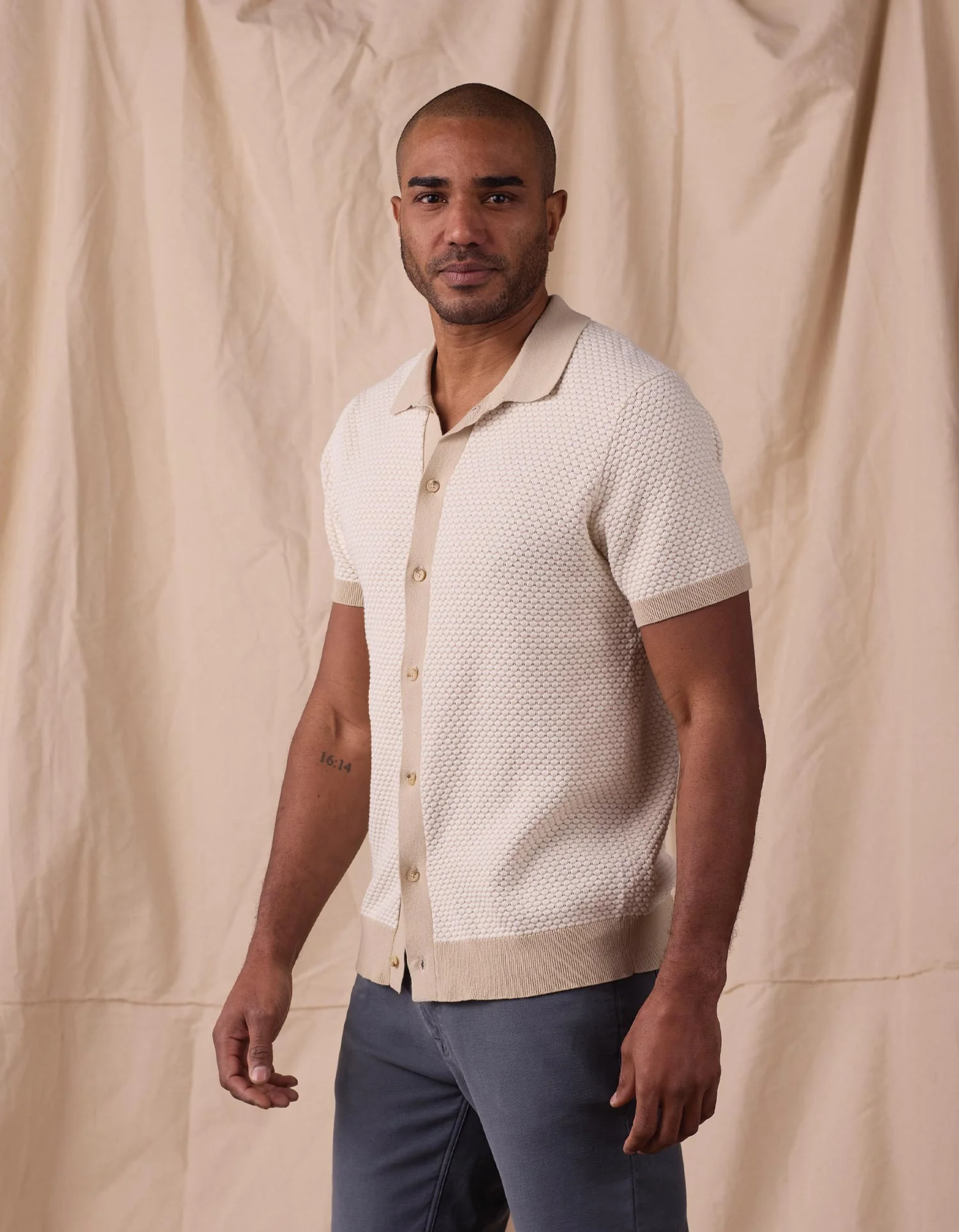 Robles Knit Jacquard Button Up in Ivory/Khaki - Image 5