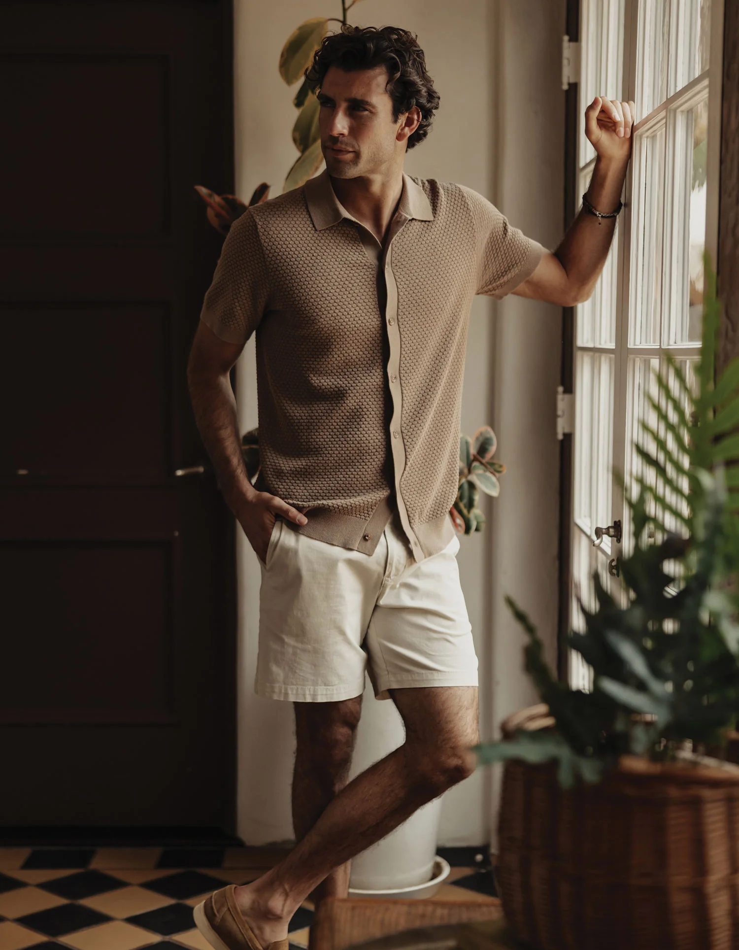 Robles Knit Jacquard Button Up in Taupe - Image 2