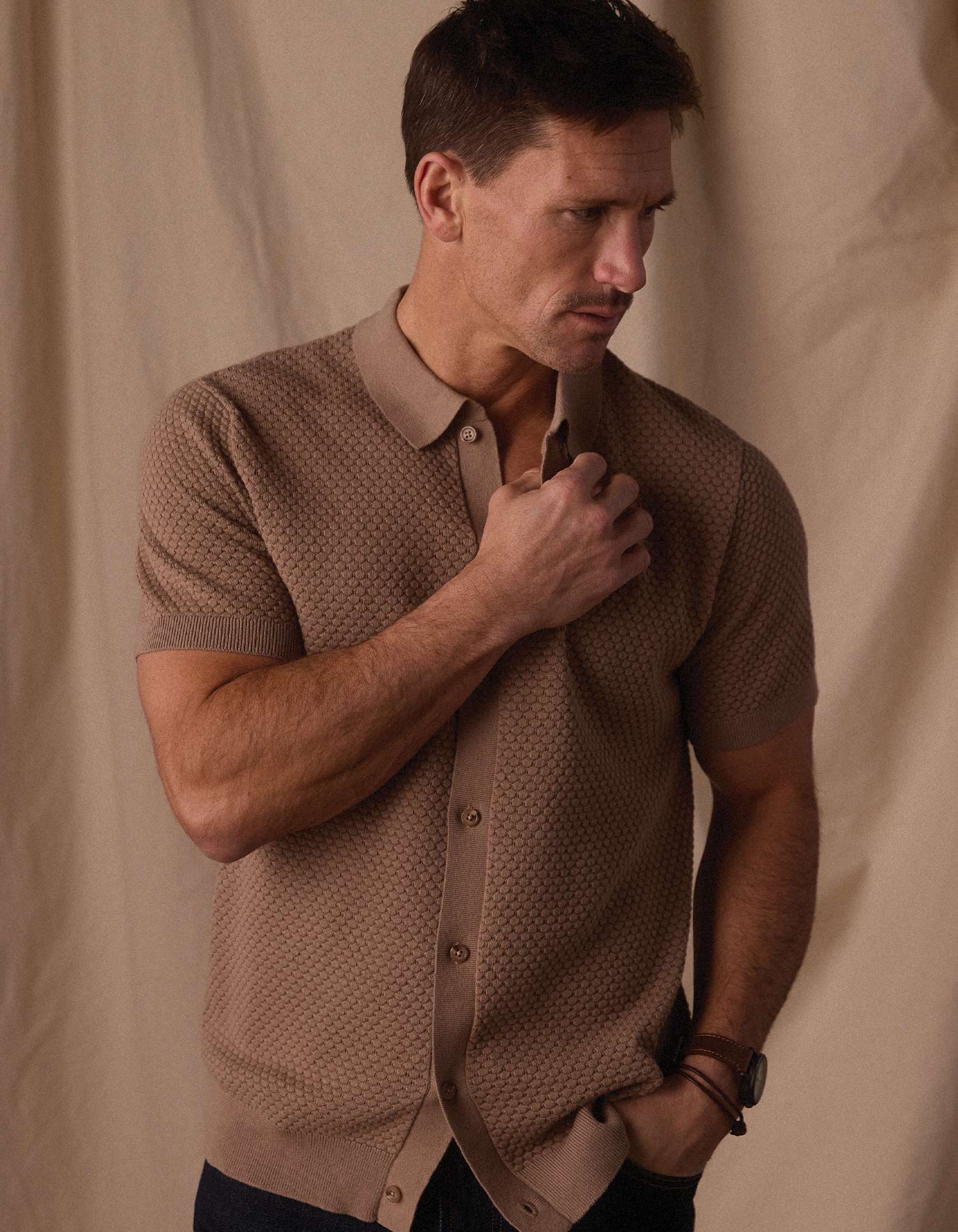 Robles Knit Jacquard Button Up in Taupe - Image 7