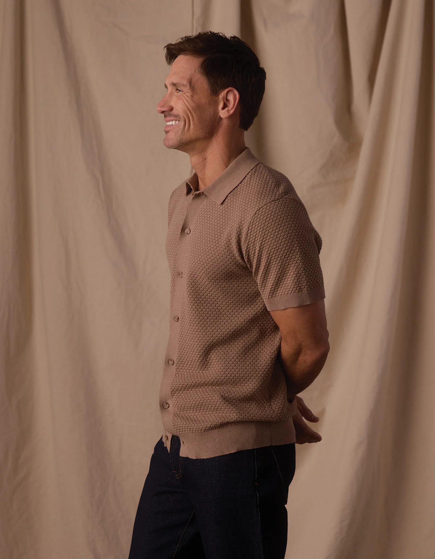 Robles Knit Jacquard Button Up in Taupe - Image 8