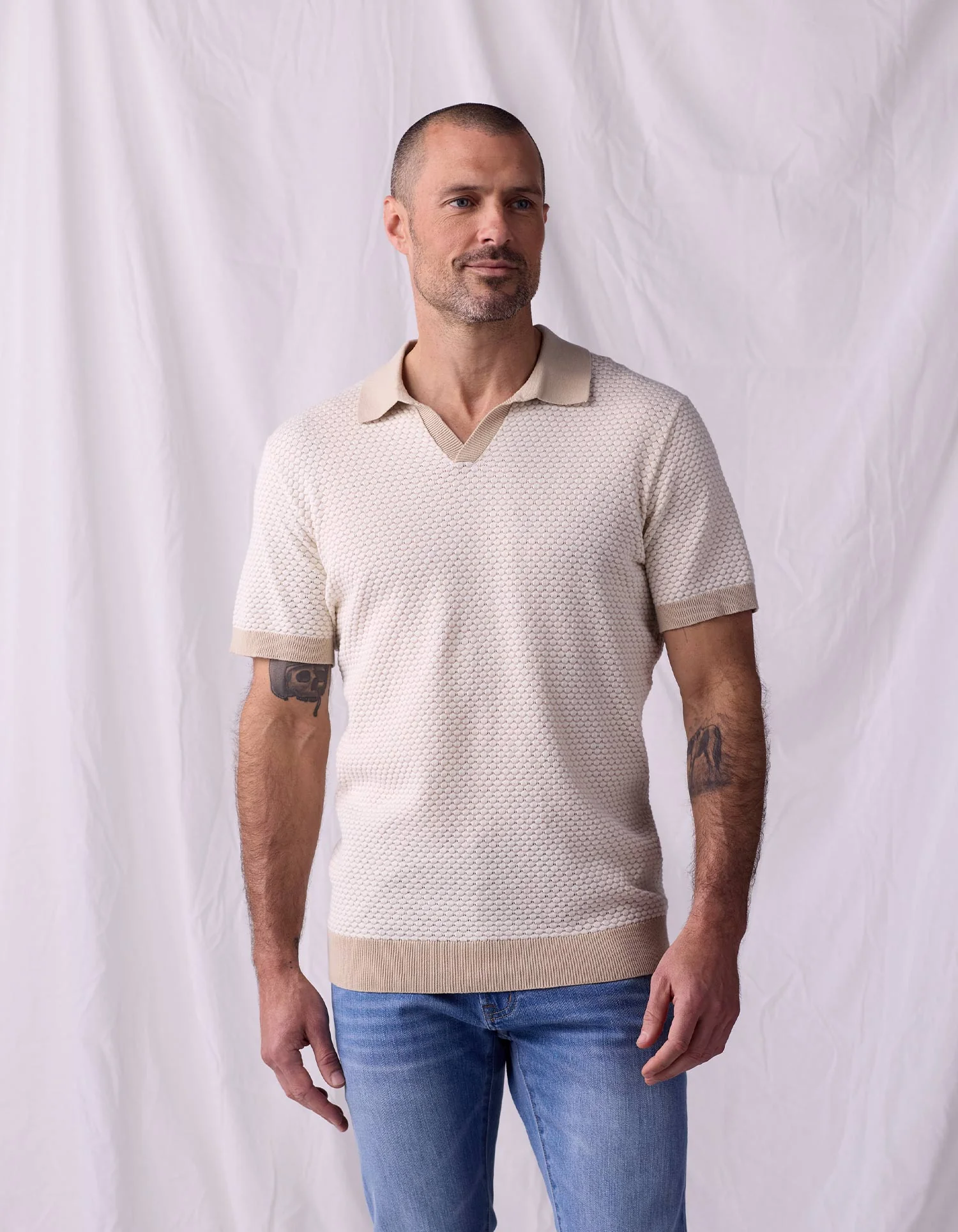 Robles Knit Jacquard Polo in Ivory/Khaki - Image 4