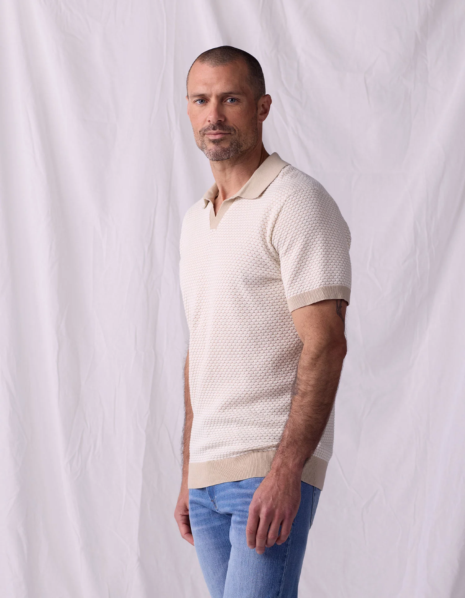 Robles Knit Jacquard Polo in Ivory/Khaki - Image 5