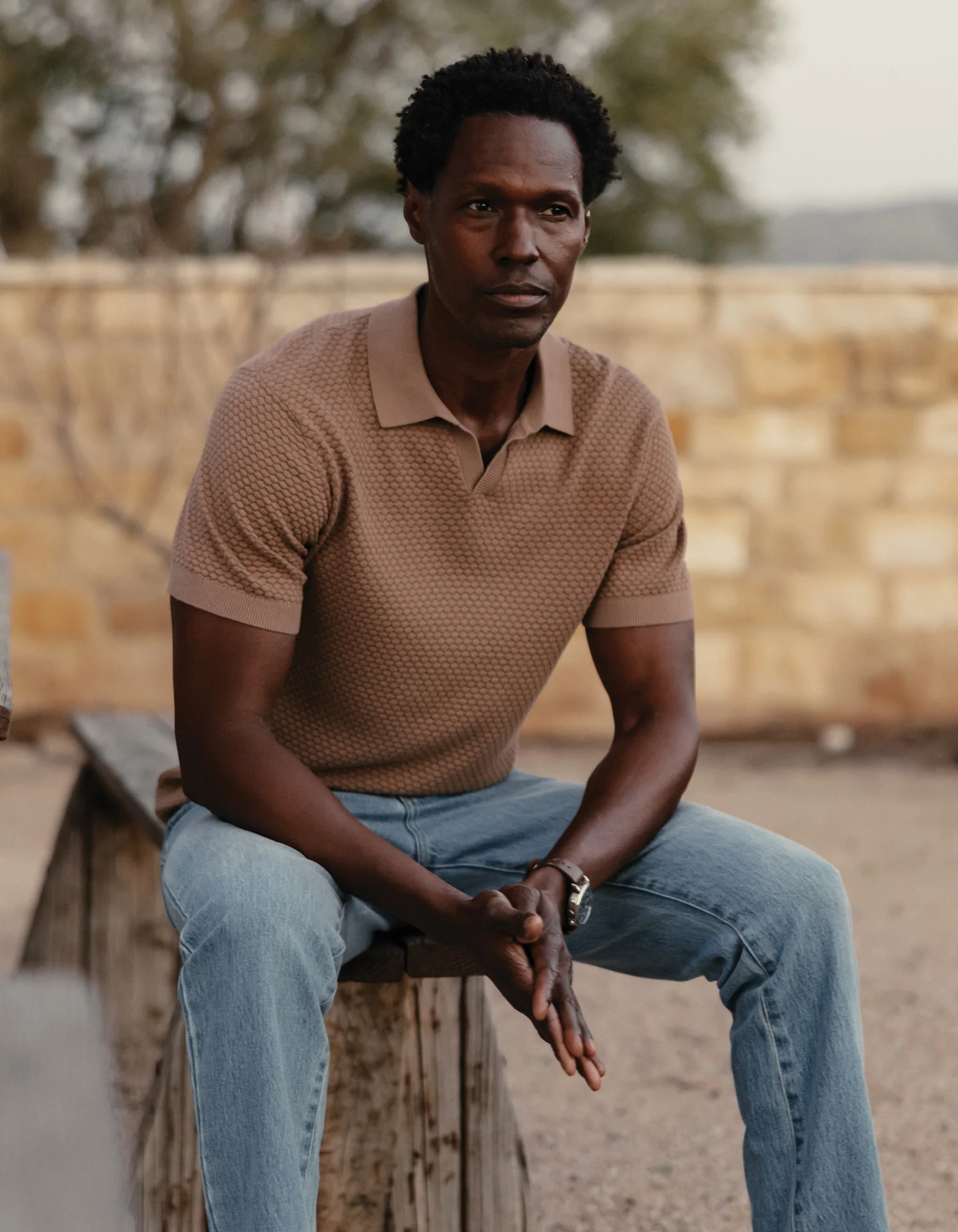Robles Knit Jacquard Polo in Taupe - Image 2