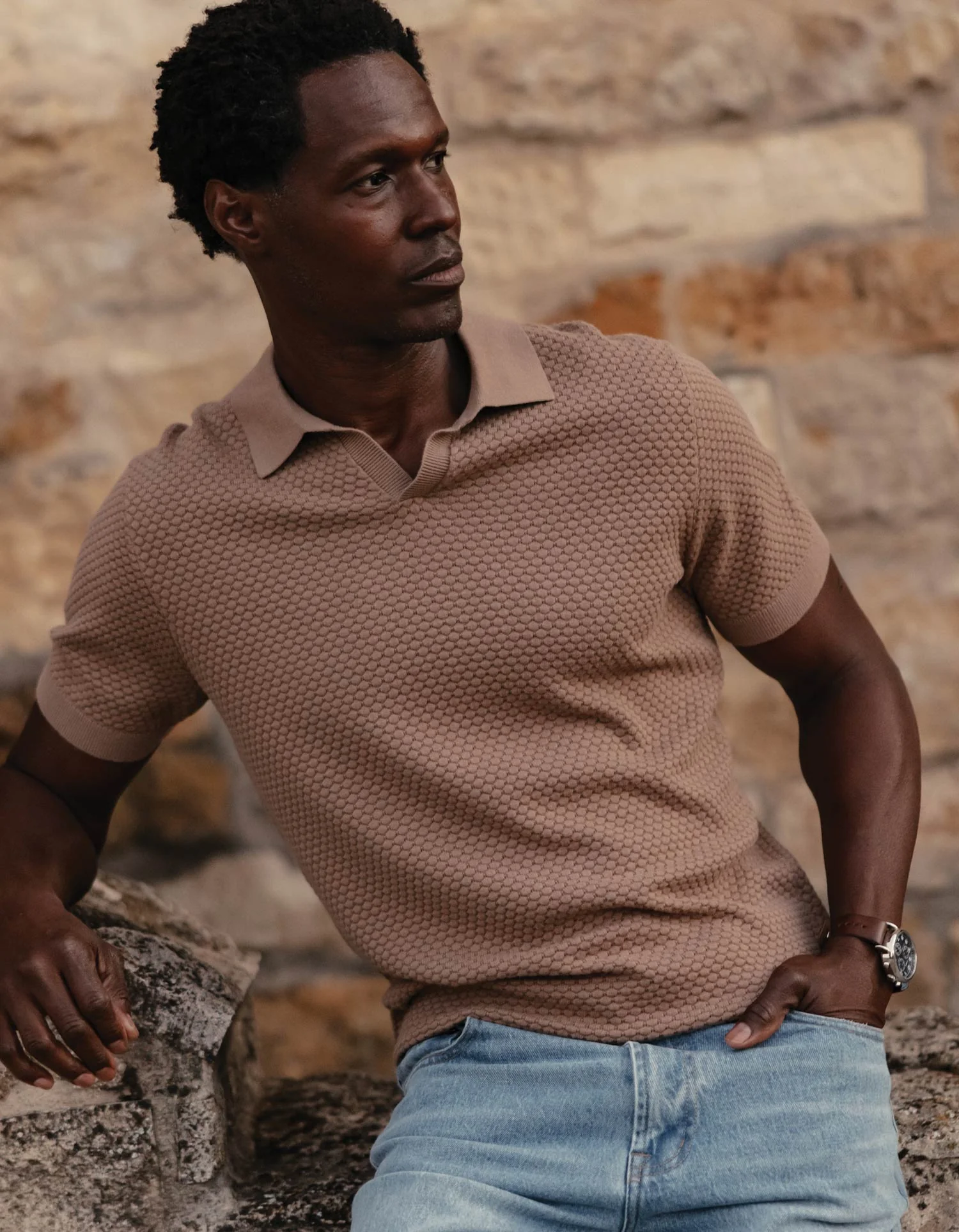 Robles Knit Jacquard Polo in Taupe - Image 3