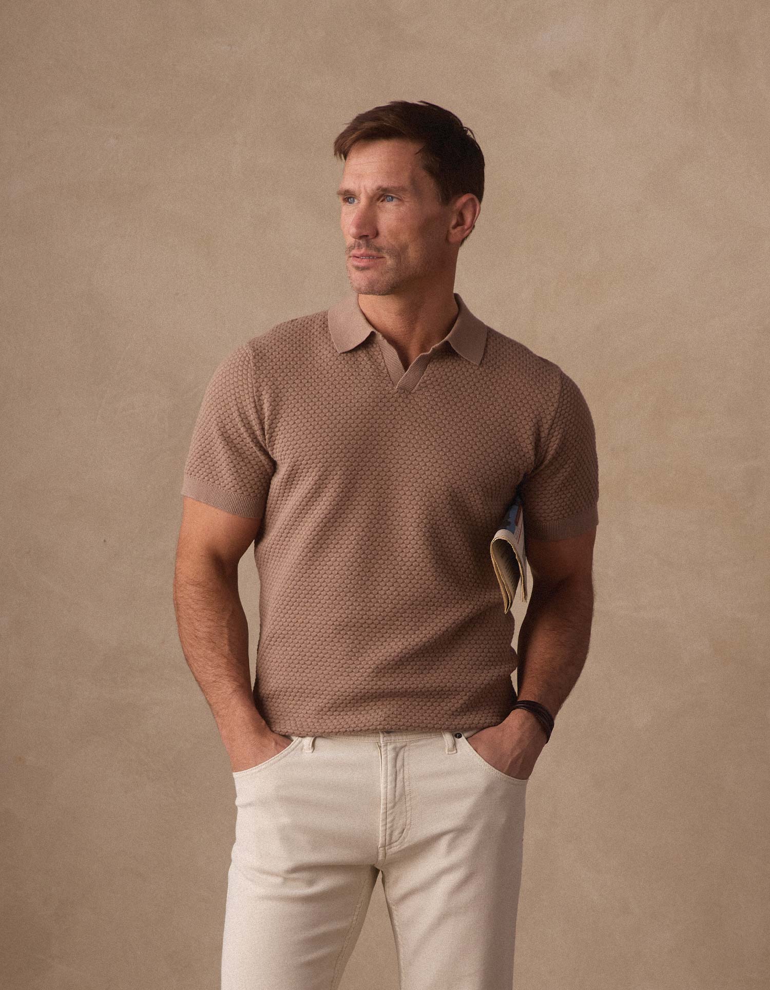Robles Knit Jacquard Polo in Taupe - Image 5