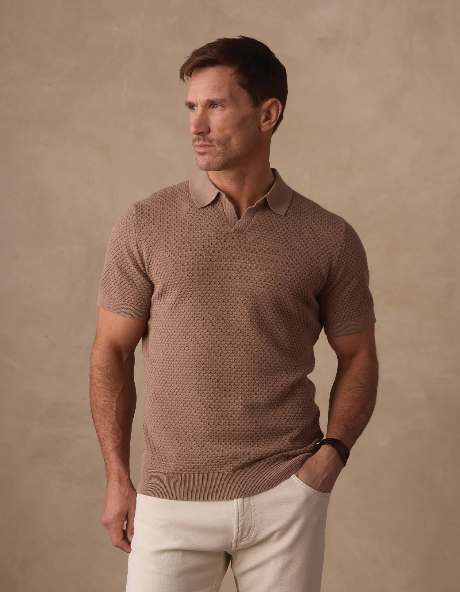 Robles Knit Jacquard Polo in Taupe - Image 8