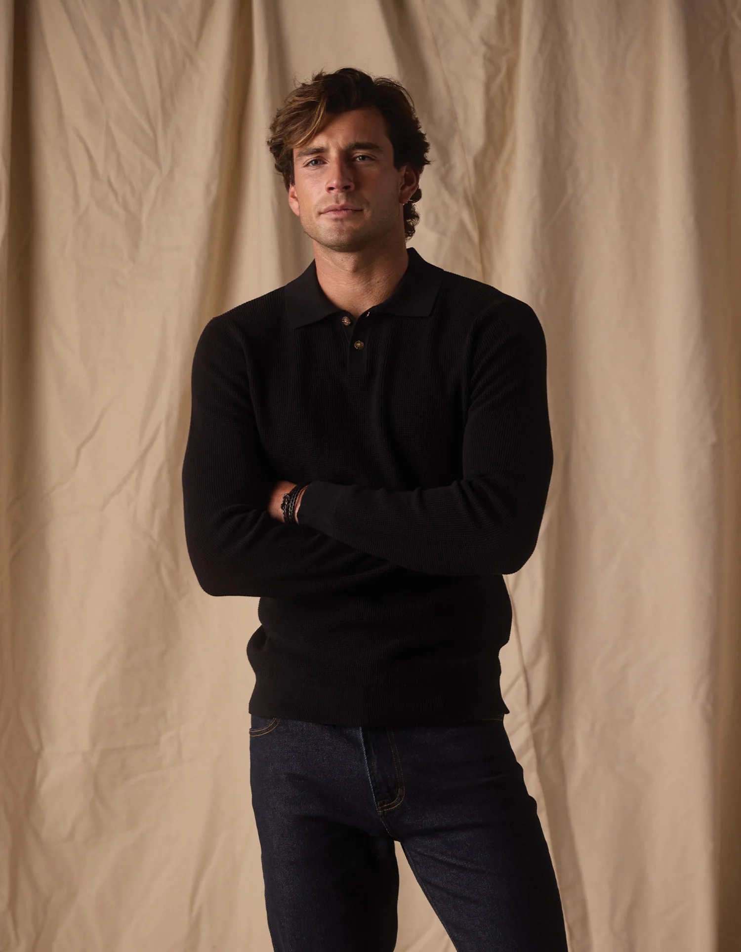 Robles Knit Waffle Stitch Polo in Black - Image 4