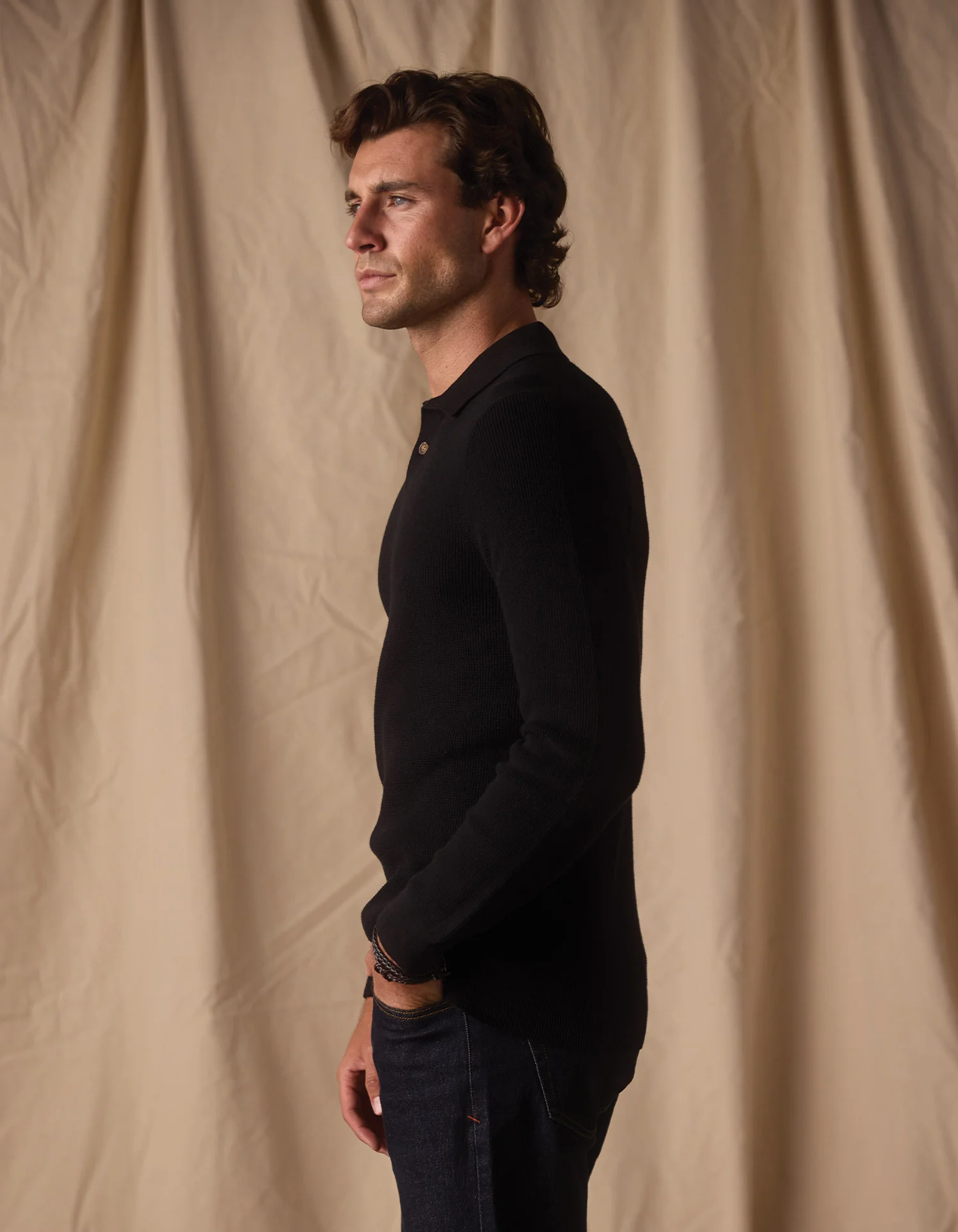 Robles Knit Waffle Stitch Polo in Black - Image 5