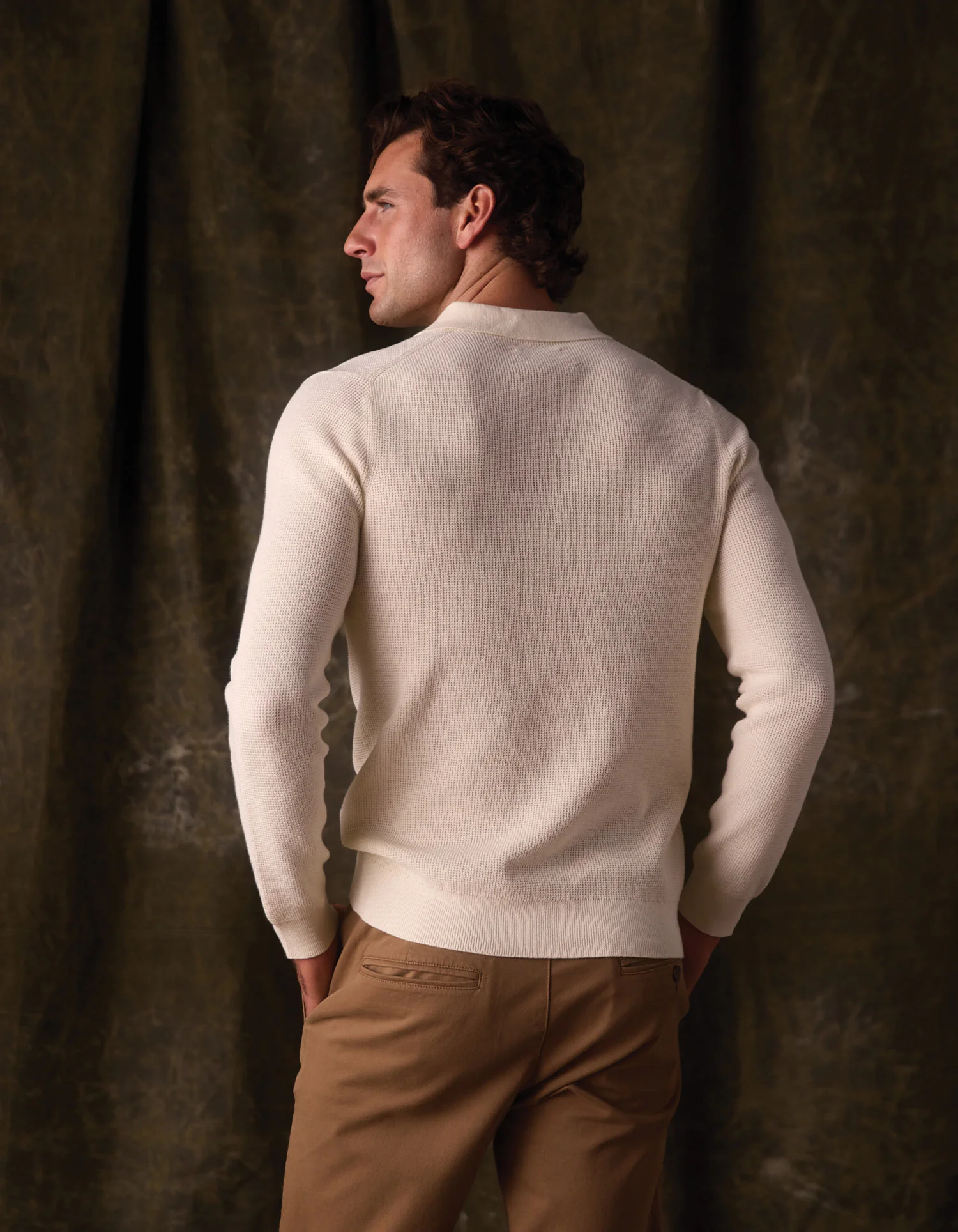 Robles Knit Waffle Stitch Polo in Cream - Image 5