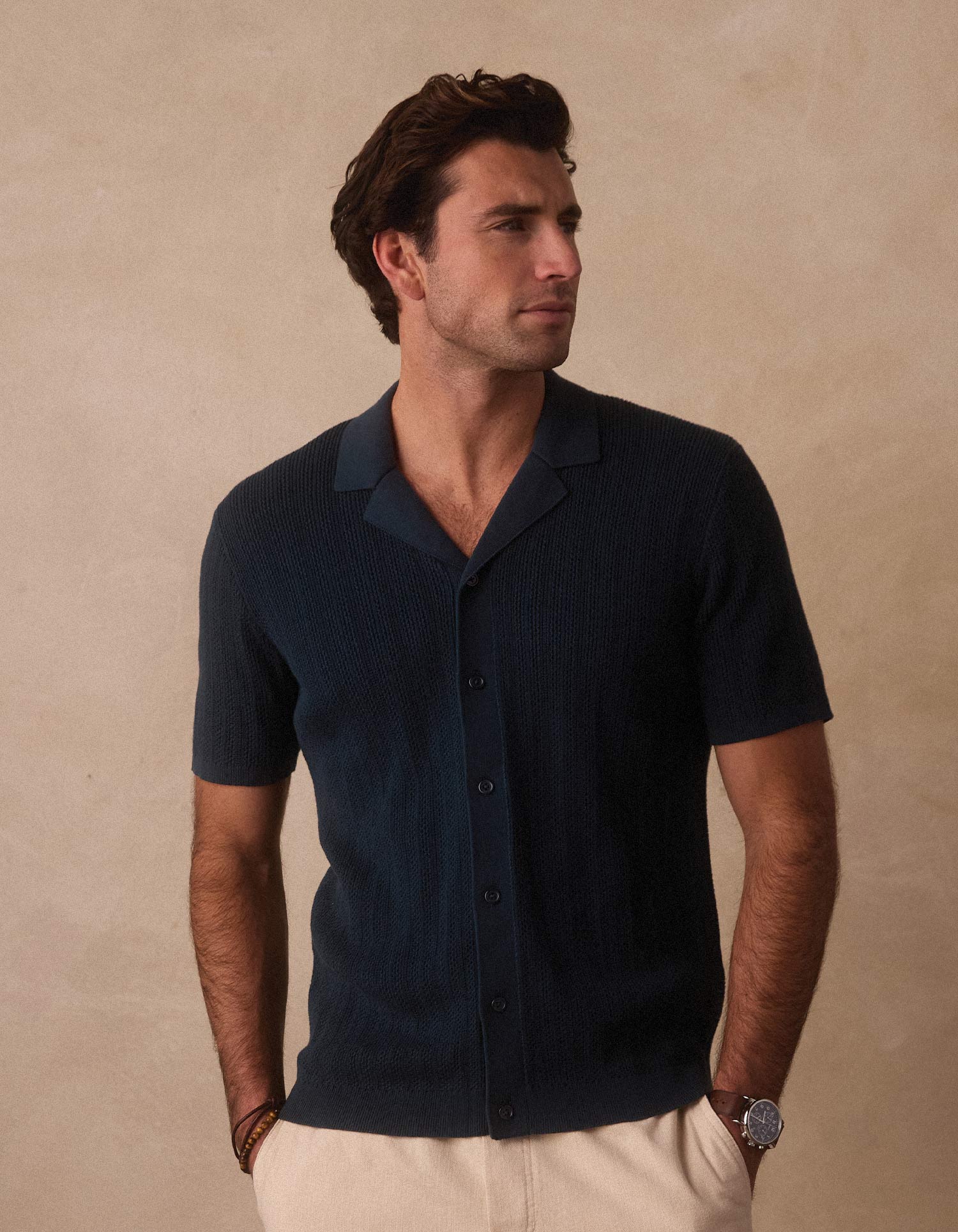 Robles Textured Knit Camp Button Up in Dark Oasis - Image 3