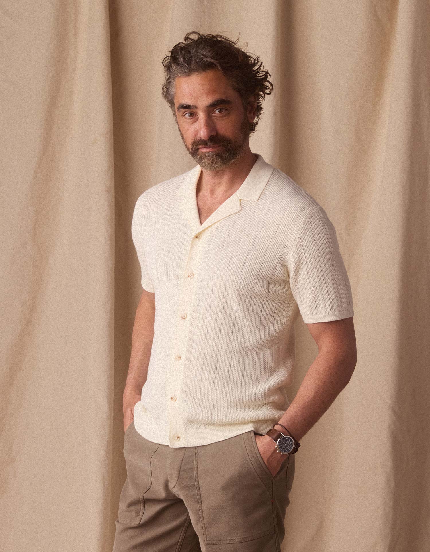 Robles Textured Knit Camp Button Up in Ivory - Image 3