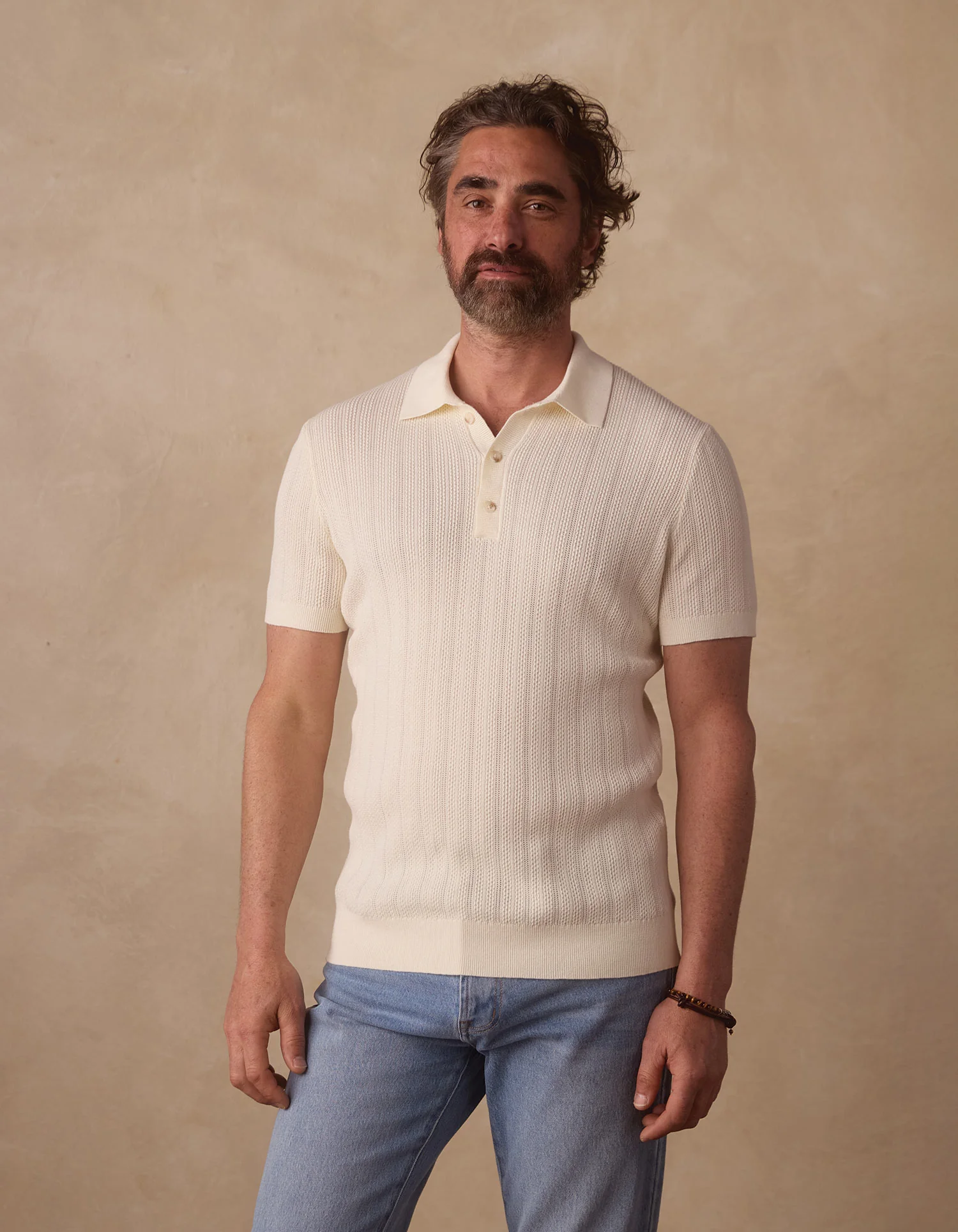 Robles Textured Knit Polo in Ivory - Image 6