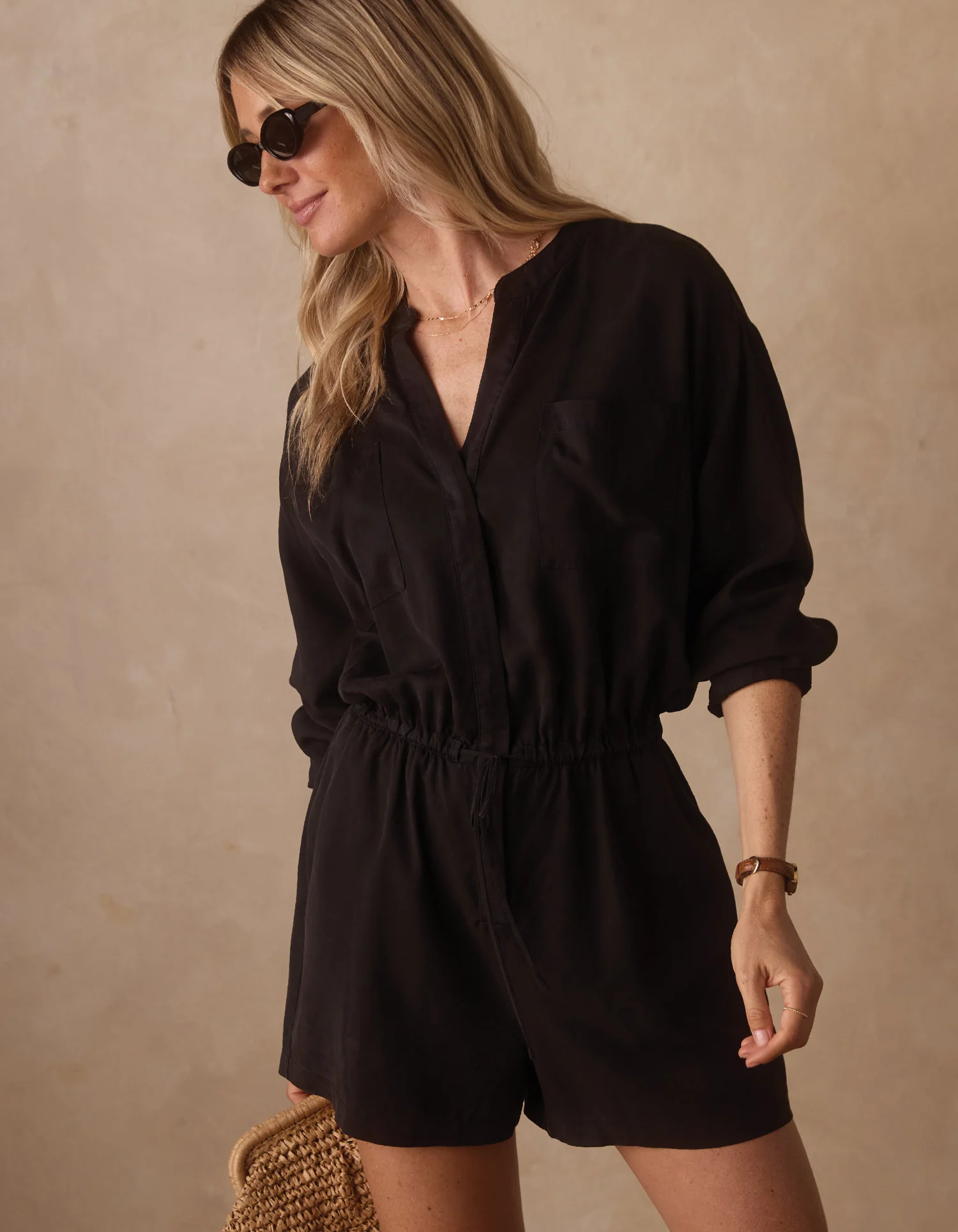 Sueded Costa Romper in Black - Image 3