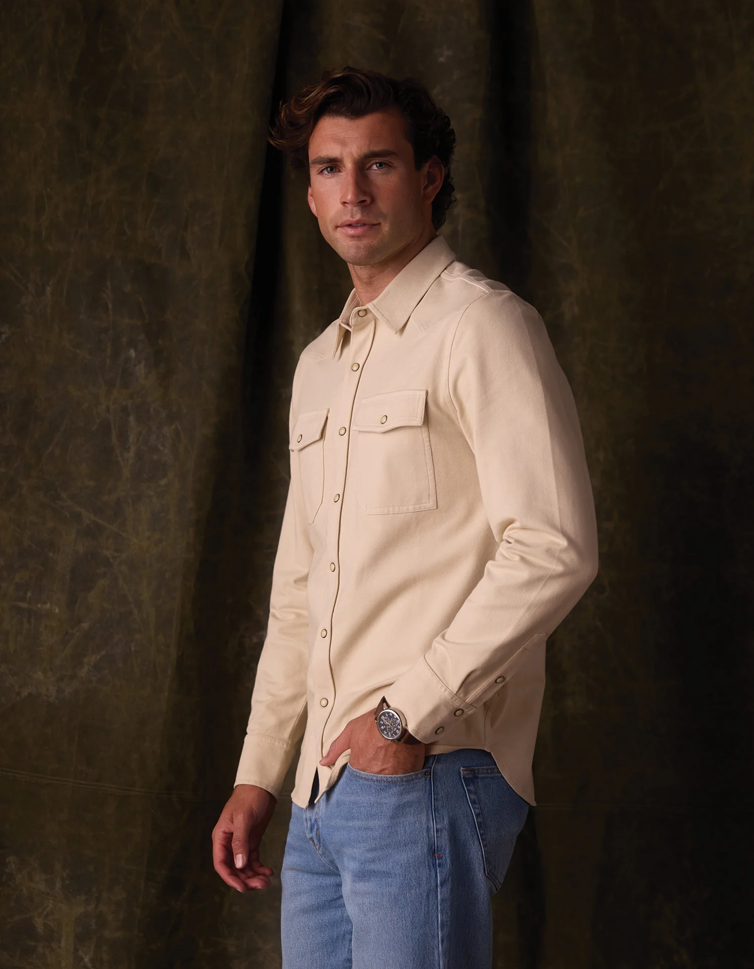 Tentoma Stretch Vintage Button Up in Bone - Image 4