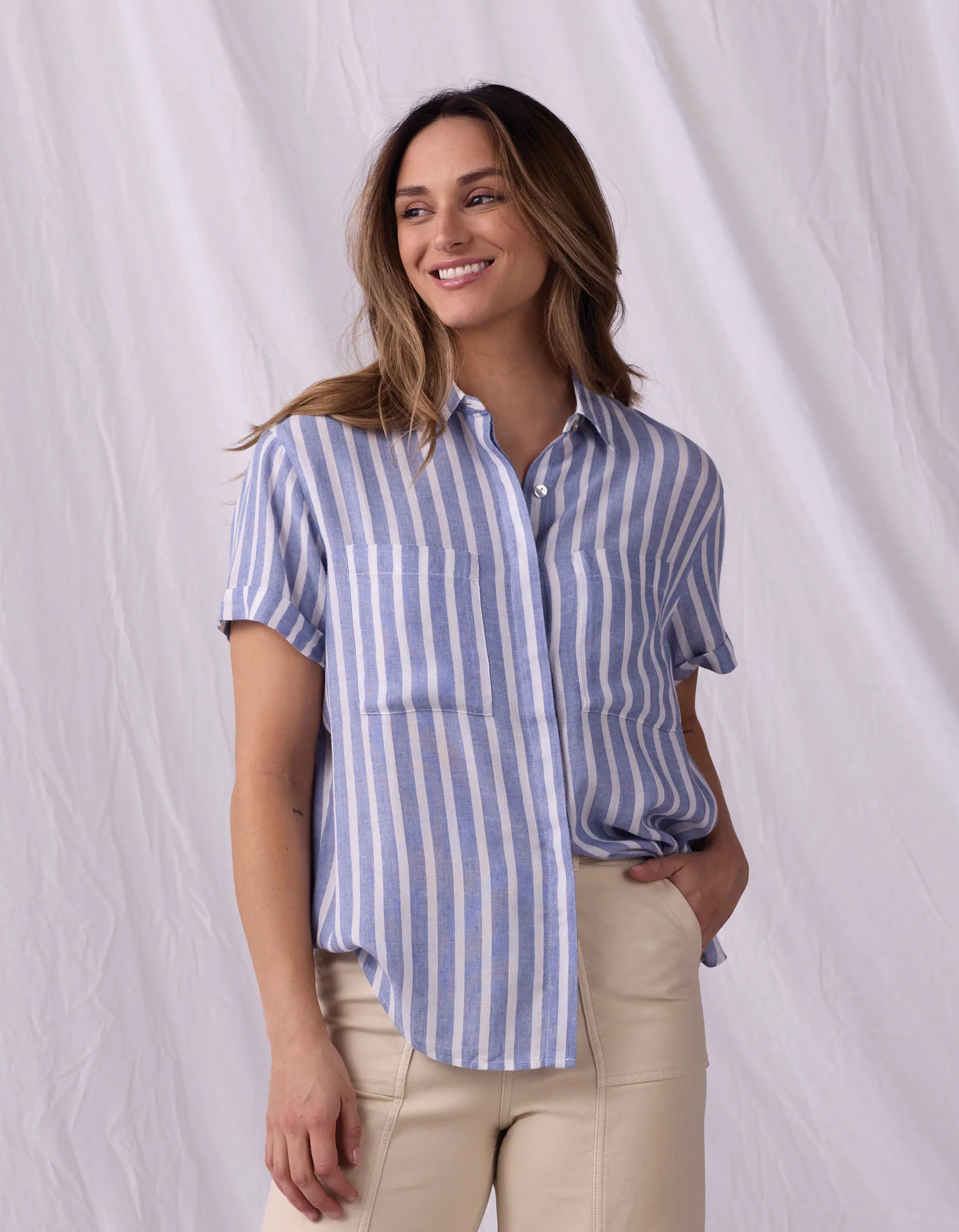 Women's Freshwater Button Up in Coastal Stripe - Image 2