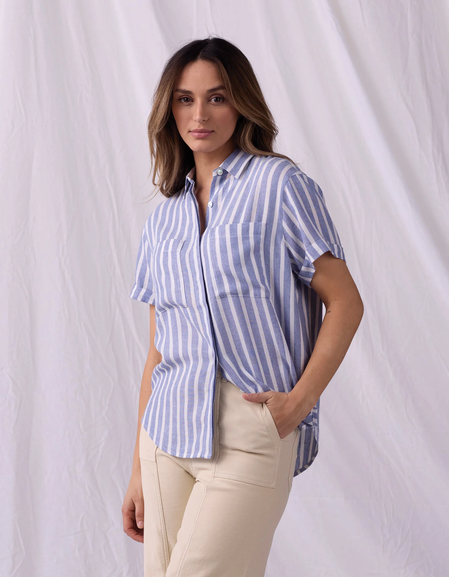 Women's Freshwater Button Up in Coastal Stripe - Image 3